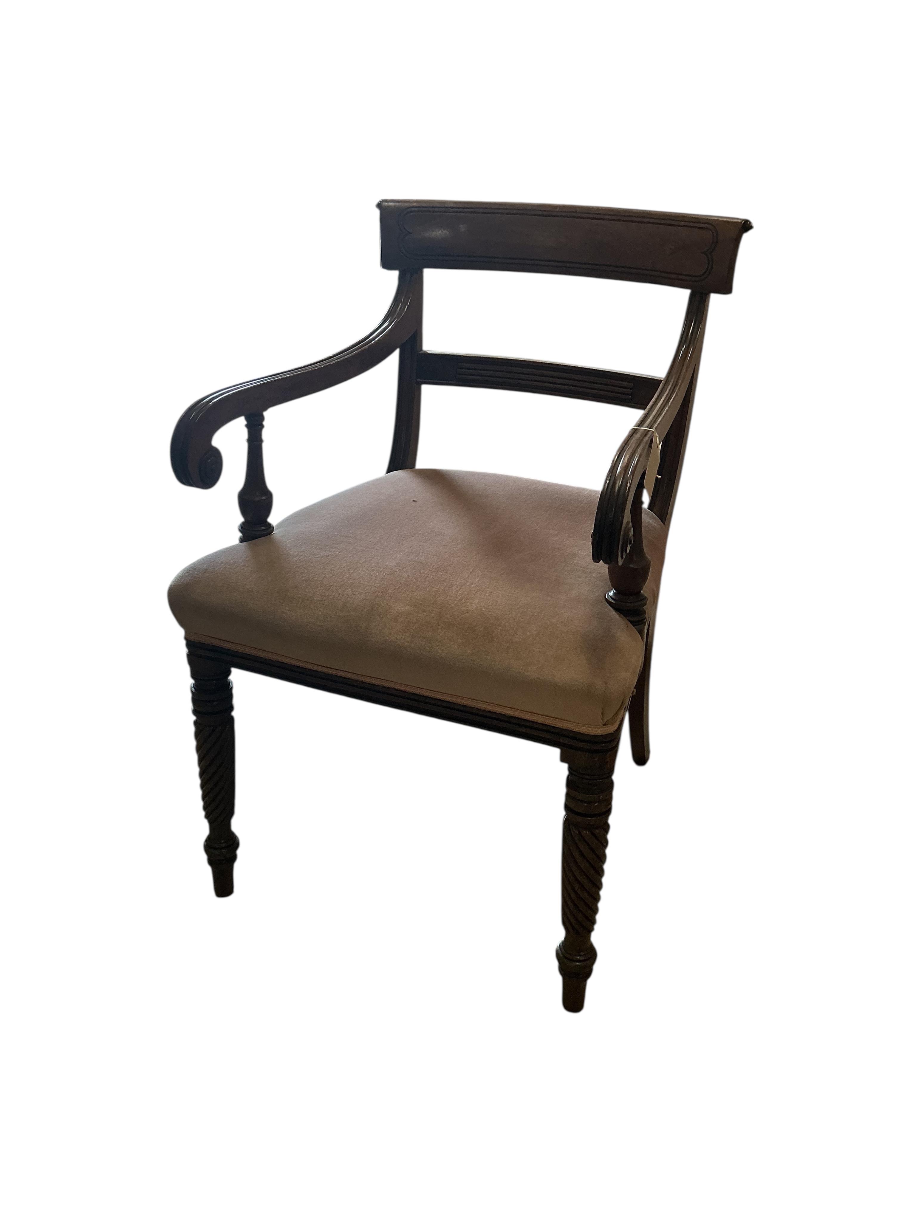 A Regency mahogany elbow chair, width 56cm, depth 50cm, height 88cm